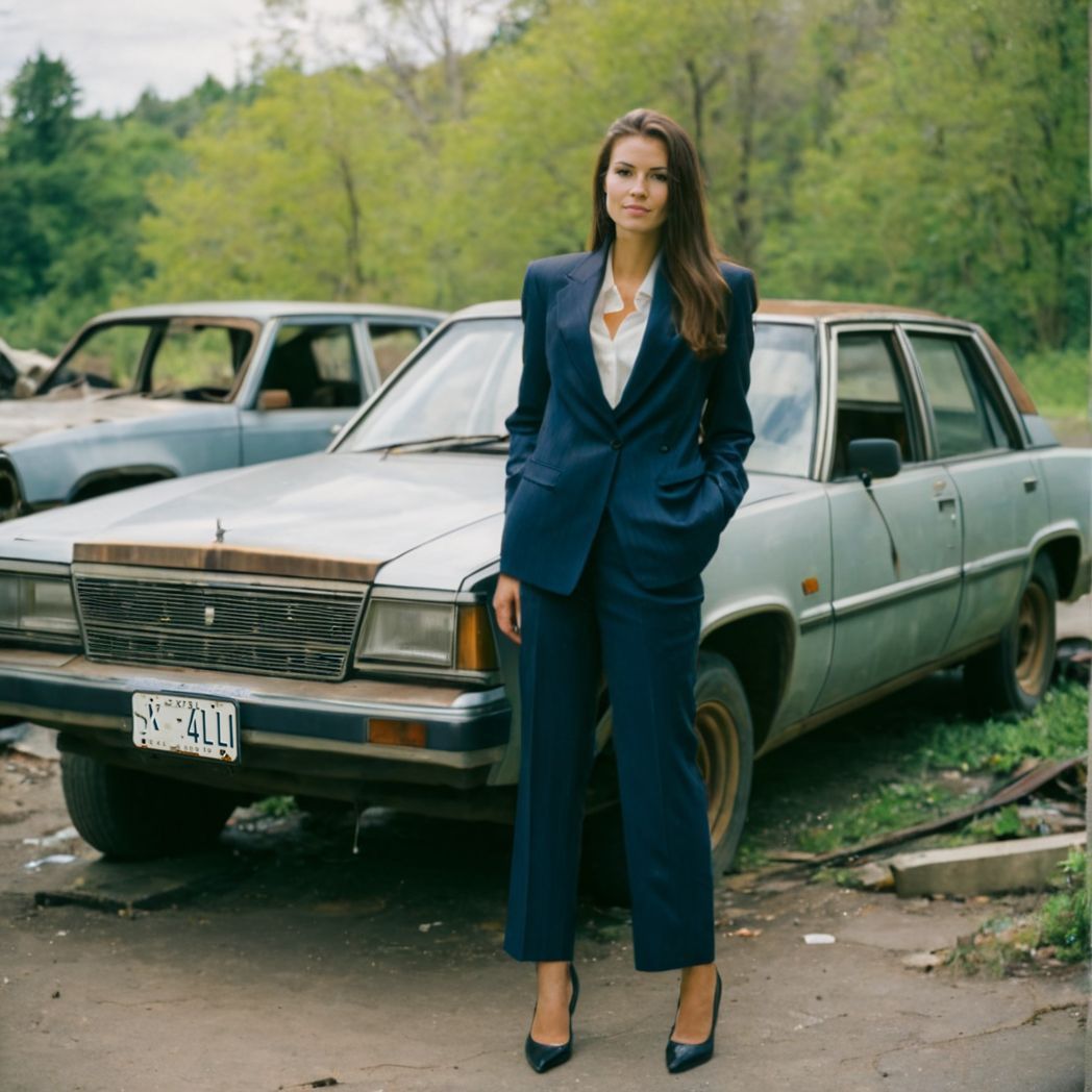 (film photography style:1.5) a woman in a blue suit standing next to an abandoned car, medium grain  <lora:SDXL_FILM_PHOTOGRAPHY_STYLE_V1:.8>