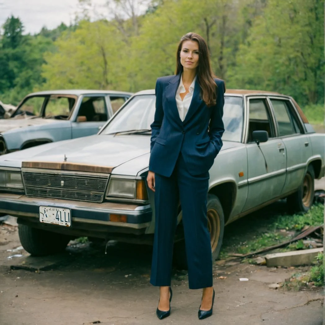 (film photography style:1.5) a woman in a blue suit standing next to an abandoned car, medium grain <lora:SDXL_FILM_PHOTOGRAPHY_STYLE_V1:.8>
