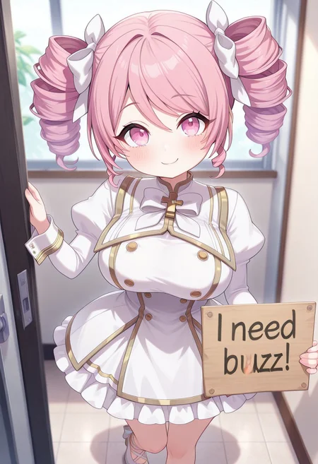 masterpiece,extremely detailed,best quality,amazing quality,newest,absurdres,highres, super detailed skin,1 girl solo,dkpino, pink hair, twin drills, short hair, pink eyes, hair bow, white bow, large breasts, white dress, gold trim, juliet sleeves, wrist cuffs, frilled dress, white bowtie, white shoes,cute, adorable, (chibi:1.1), smile, need_buzz, holding sign