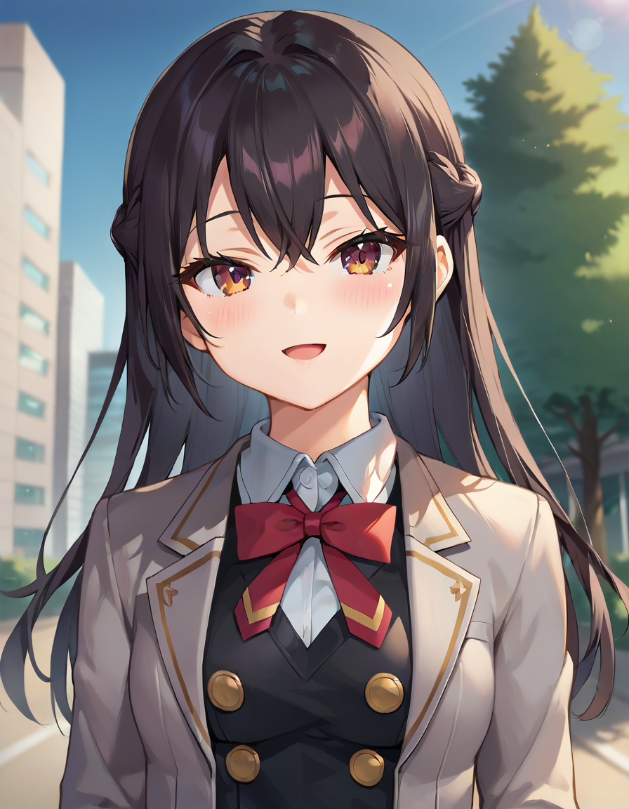score_9,score_8_up,score_7_up,score_6_up BREAK official art,solo,outdoors,upper body,(portrait:1.5),looking at viewer,facing viewer,happy,Suou Yuki,long hair,black hair,french braid,hair between eyes,parted bangs,brown eyes,school uniform,grey jacket,cropped jacket,open clothes,open jacket,wing collar,red bowtie,black dress,pleated dress,double-breasted,collared shirt,white shirt,medium breasts,skindentation,long sleeves,black socks,loafers,brown footwear,<lora:Suou Yuki(tsrdta)-Pony:1.1>,<lora:Smooth Anime Style LoRA XL:0.8>,