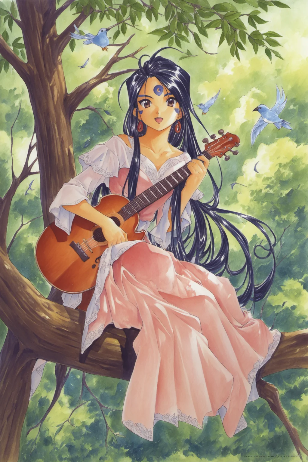 Skuld,1girl,bird,solo,long hair,instrument,facial mark,dress,forehead mark,tree,jewelry,black hair,sitting,earrings,in tree,open mouth,traditional media,score_9,score_8_up,<lora:Kosuke Fujishima_XL_PONY_OM:0.9>,
