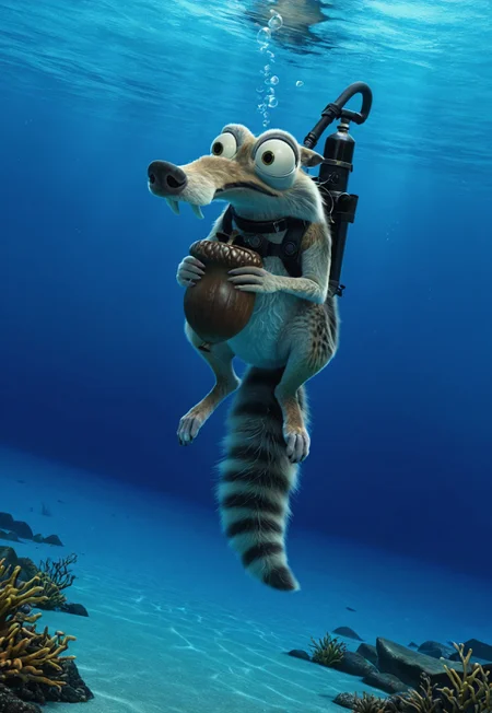 Masterpiece, absurdres, highest quality, highly detailed, newest, 8k, cartoon style, solo, vivid colors, (closeup:1.3), animal, Scrat, long snout, bushy tail, bulging eyes, panicked expression, intense expression, scuba gear, oxygen tank on back, striped tail, holding a big brown acorn, swiming, underwater setting, ocean background, bubbles, detailed background, dynamic angle,