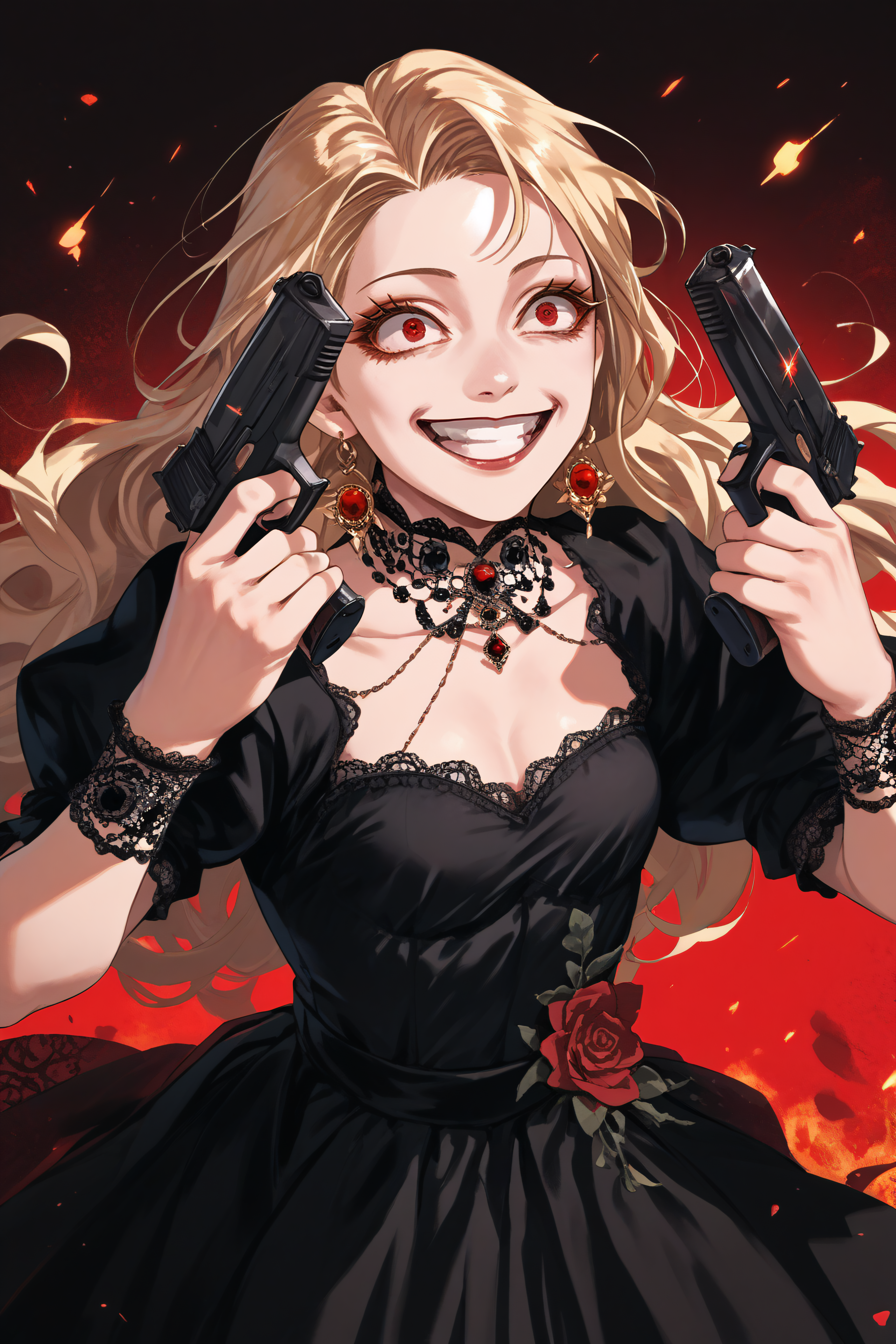 score_9, score_8_up, score_7_up, score_6_up, source_anime, <lora:Roxana Agrece v2-PonyXL-lora-Faxtron:1> roxana agree, red eyes, blonde hair, long hair, dress,  <lora:DanielRadcliffeHoldingTwoGunsMeme_pdxl_Incrs_v1:1> handgun, holding gun, holding weapon, dual wielding, finger on trigger, smile, grin, crazy eyes,