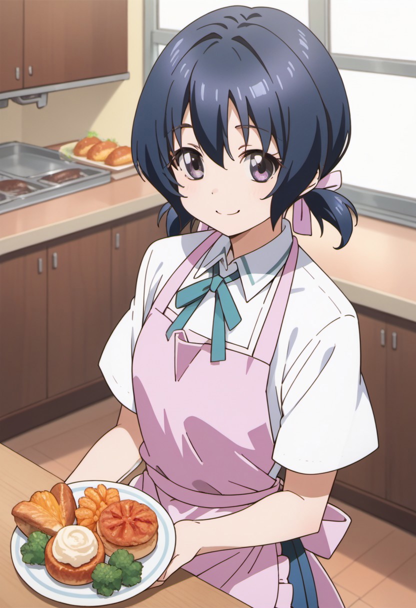 score_9, score_8_up, score_7_up, source_anime, funabori, dark blue hair, purple eyes, twintails, 1girl, solo, apron, school uniform, smile, food, short hair, pink apron, ribbon, ponytail