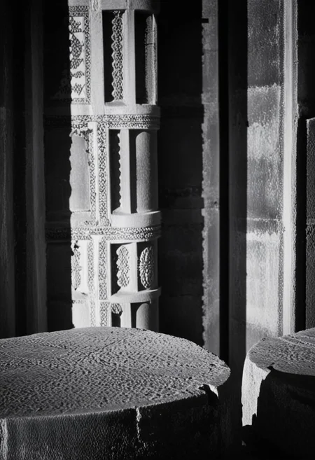 detailxl, 80sc1nemat1c5tyle, creamy bokeh, black and white, colorless, monochrome, BREAK, alanya ruins