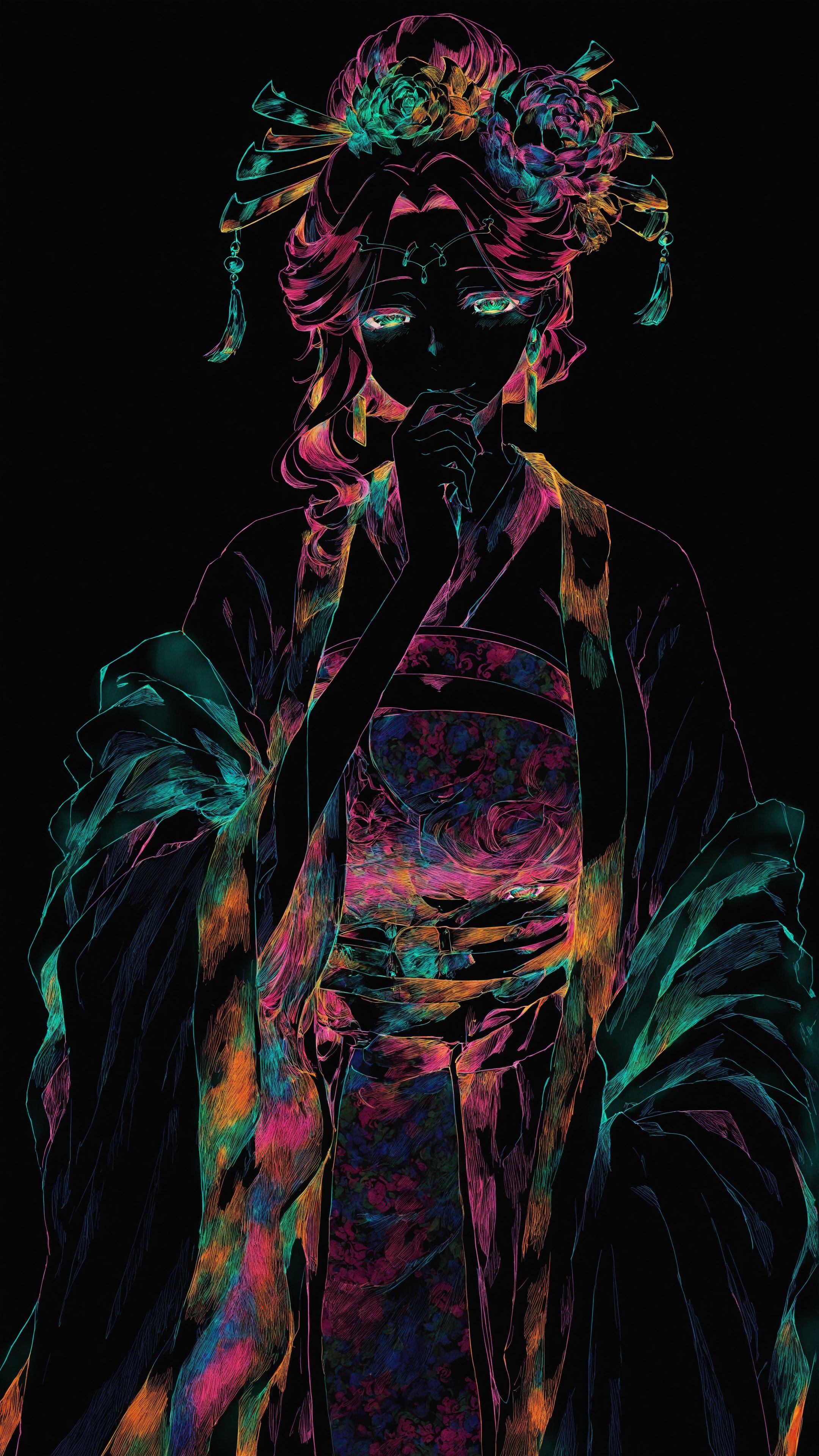 masterpiece, amazing quality, best quality, 1girl, gyokuyou, large breasts, green eyes, pink hair, earrings, hair ornament, light smile, hand on mouth, hair flower, hair bun, makeup, colorful, black background, hatching \(texture\), chinese clothes, hanfu, wide sleeves, <lora:gyokuyou_kusuriya_no_hitorigoto-illustrious-v-1-3:0.85>,  <lora:Colored_Lineart_on_Black_-_Illustrious:0.9>