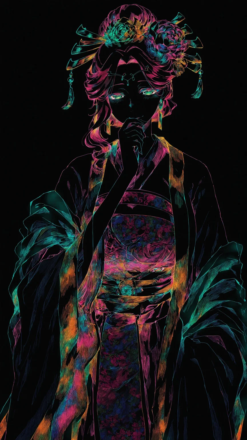 masterpiece, amazing quality, best quality, 1girl, gyokuyou, large breasts, green eyes, pink hair, earrings, hair ornament, light smile, hand on mouth, hair flower, hair bun, makeup, colorful, black background, hatching \(texture\), chinese clothes, hanfu, wide sleeves, <lora:gyokuyou_kusuriya_no_hitorigoto-illustrious-v-1-3:0.85>, <lora:Colored_Lineart_on_Black_-_Illustrious:0.9>