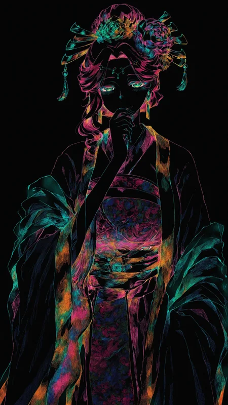 masterpiece, amazing quality, best quality, 1girl, gyokuyou, large breasts, green eyes, pink hair, earrings, hair ornament, light smile, hand on mouth, hair flower, hair bun, makeup, colorful, black background, hatching \(texture\), chinese clothes, hanfu, wide sleeves, <lora:gyokuyou_kusuriya_no_hitorigoto-illustrious-v-1-3:0.85>, <lora:Colored_Lineart_on_Black_-_Illustrious:0.9>