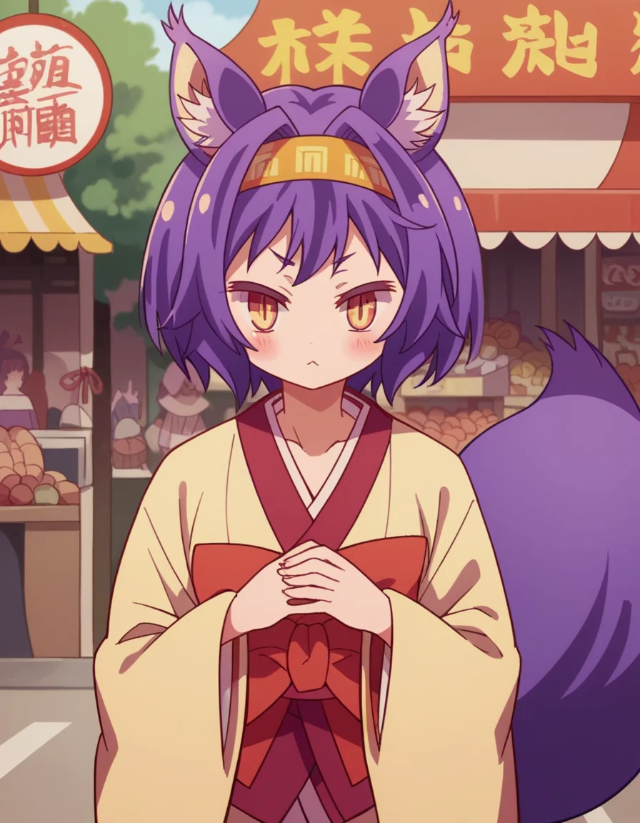 score_9, score_8_up, score_7_up, source_anime, <lora:izuna-hatsuse-s1-ponyxl-lora-nochekaiser:1>, izuna hatsuse, short hair, animal ears, purple hair, hairband, animal ear fluff, fox ears, slit pupils, yellow eyes,, bow, tail, japanese clothes, wide sleeves, kimono, fox tail, short kimono,, street market, vendor, street food, bustling crowd, local flavor, vibrant, , , hands on stomach, blush,, solo,, cowboy shot, dutch angle