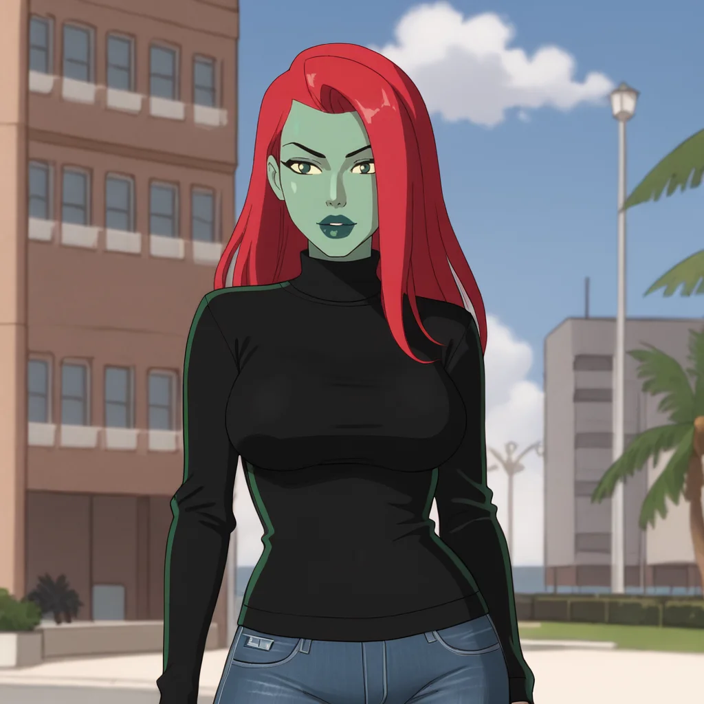 <lora:poisonivycartoon_pony_v1:.8> PoisonIvyBikiniCartoon, 1girl, lipstick, makeup, large breasts, green skin, colored skin, long red hair, black lips, cowboy shot, sweater, jeans