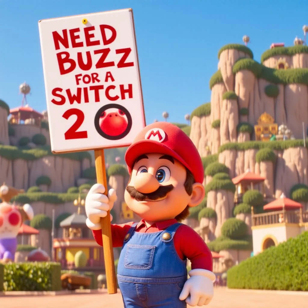 Mario holding up a sign that reads "Need Buzz for a Switch 2"