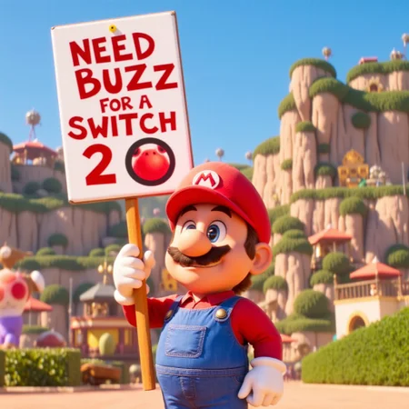 Mario holding up a sign that reads "Need Buzz for a Switch 2"