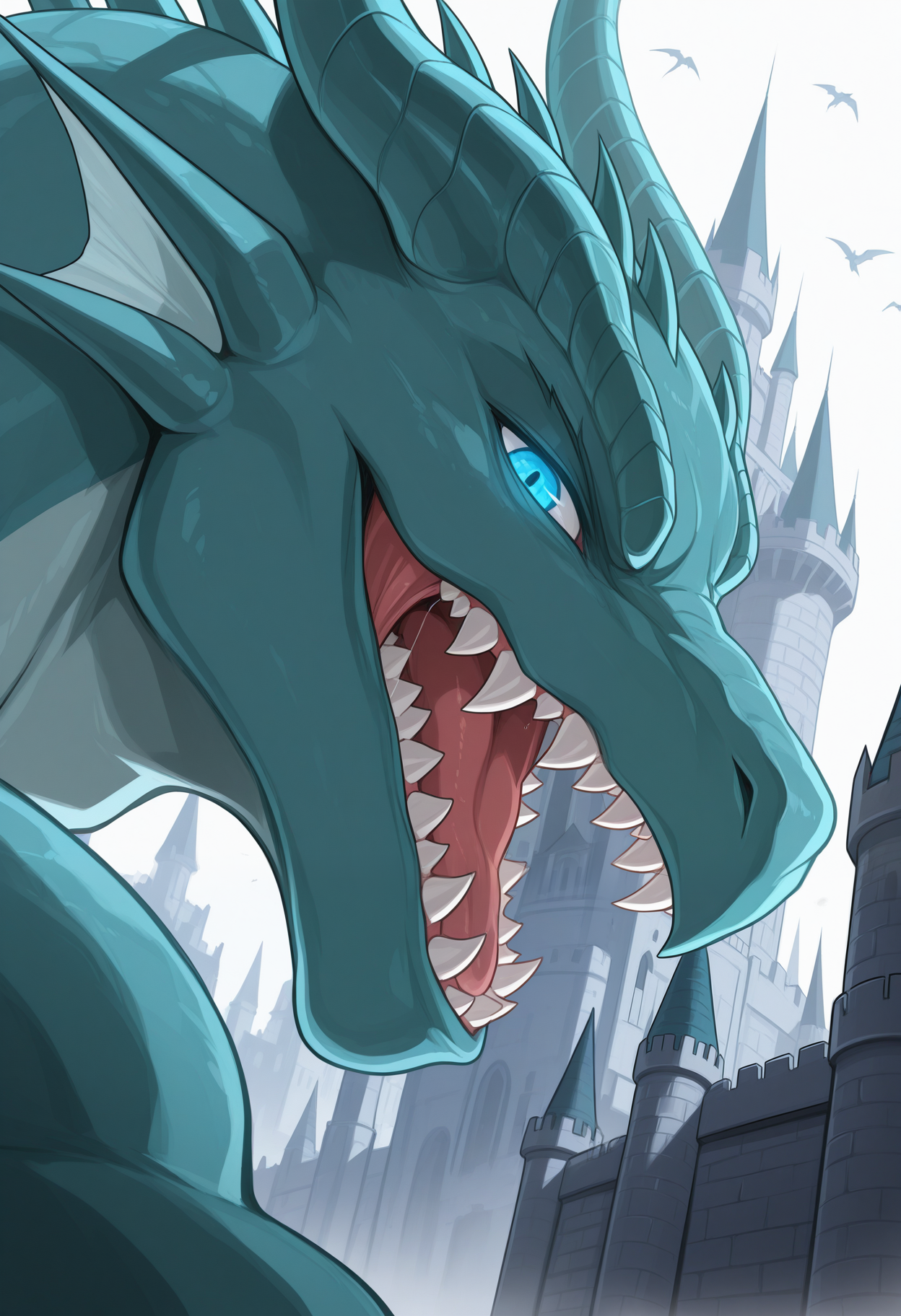 masterpiece,best quality,amazing quality, 1boy, solo,, t1m43us, dragon, bara, blue eyes, glowing eyes, looking at viewer, close up, side angle, big fang, sharp_teeth, castle,
