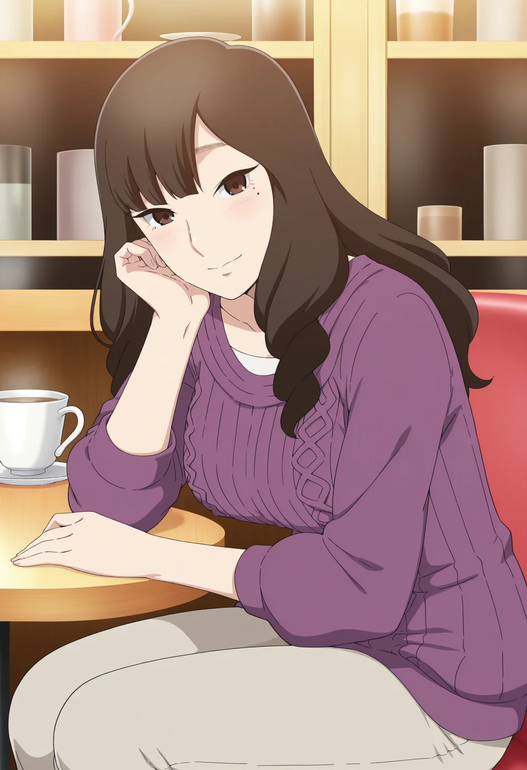 ueharatsubaki, mature woman, brown eyes, long hair, mole under eye, brown hair, cafe, anime style, japanese cafe,
sitting, pants, gentle smile, looking at viewer, purple sweater
