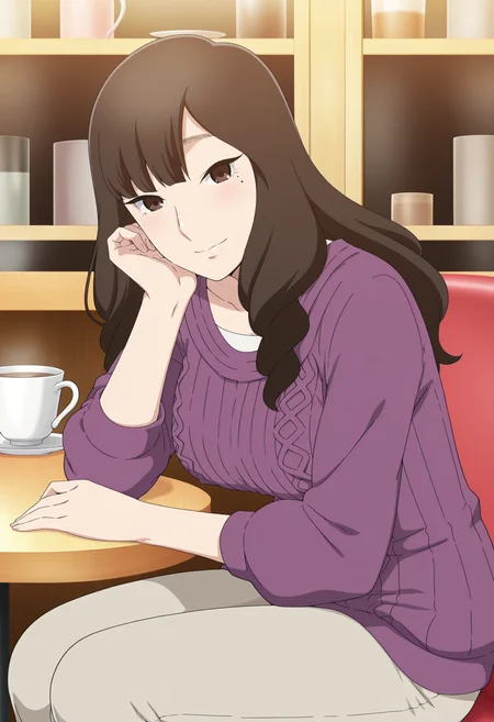 ueharatsubaki, mature woman, brown eyes, long hair, mole under eye, brown hair, cafe, anime style, japanese cafe,
sitting, pants, gentle smile, looking at viewer, purple sweater