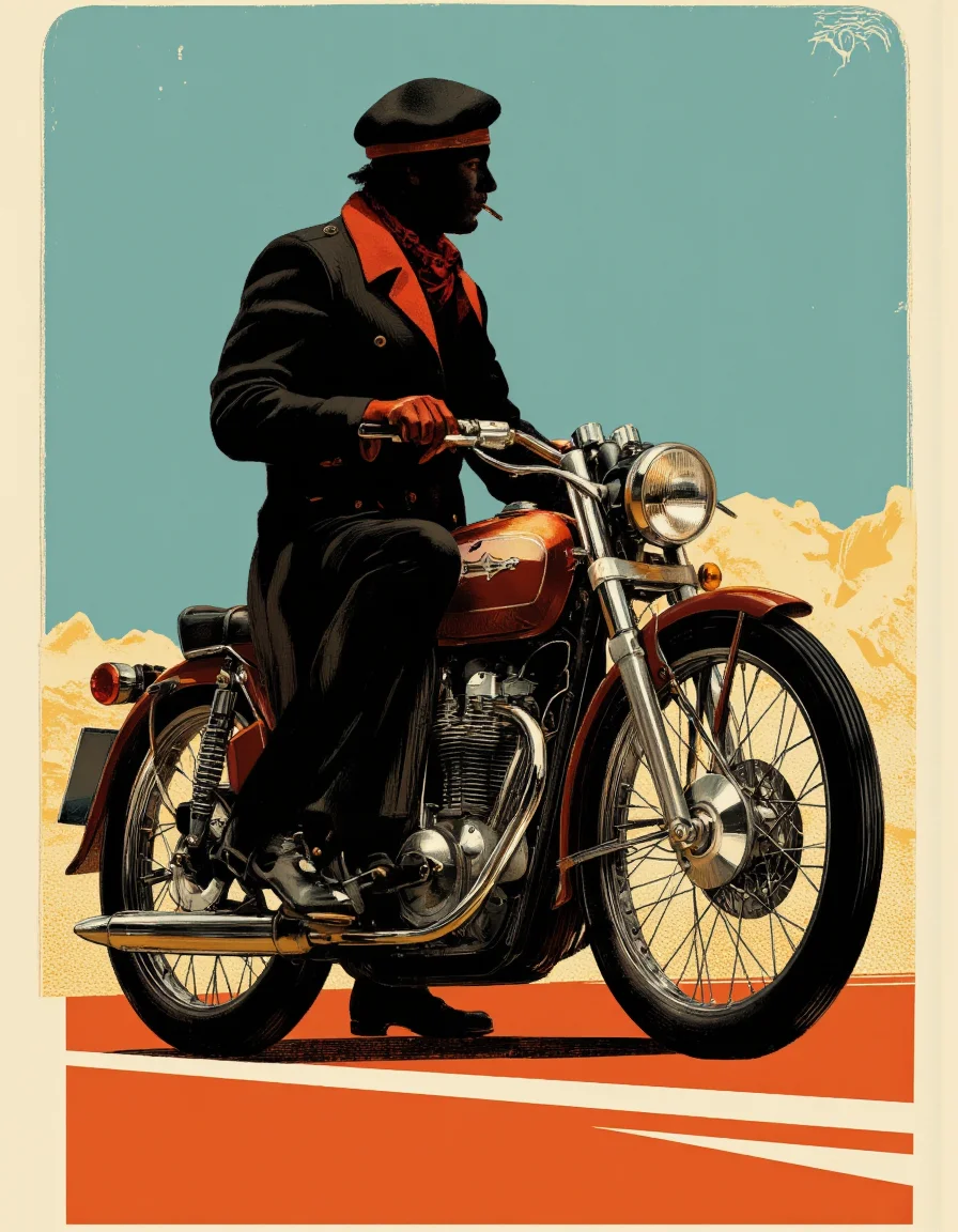 . A digital illustration shoot from a profile camera angle about a silhouette of a man riding a motorcycle, wearing a black coat and red gloves, against a gradient background of blue and orange hues. the image also shows a man in the middle of the image, who appears to be a man with a slim body, sitting on a motorcycle. the man is wearing a long black coat, a red scarf, and a beret, and has a cigarette in his mouth. he is facing away from the viewer, and his face is obscured by the coat. he has red gloves on and is positioned on the handlebars of the motorcycle, with his hands on the seat. the motorcycle has a sleek, modern design with a round headlight and a chrome frame. the background is a gradient of teal, orange, and yellow hues, with a faint outline of a mountain range in the distance. the overall style is minimalistic with a focus on geometric shapes and bold colors.