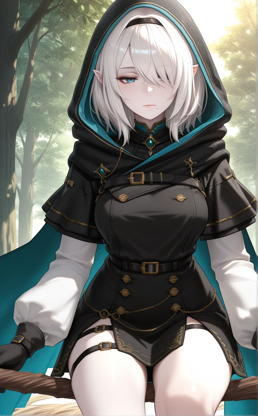 1girl,w1zsher1r1ny,solo, blue eyes, pointy ears,white hair,pale skin,medium breasts,medium hair, hair over one eye, mole under mouth,lips, long sleeves, belt, cloak, black cloak, hooded cloak, medium hair,thigh strap, brooch, black hairband, hooded cape, black gloves, buttons, dress, cape, black cape, jewelry, hood up,outdoors,tree,looking at viewer,sunlight,from behind, ,,,broom riding ,close-up ,half-closed eyes ,close-up ,expressionless , best quality,masterpiece,sensitive,   <lora:WizardryShelirionachNoobAI:1>