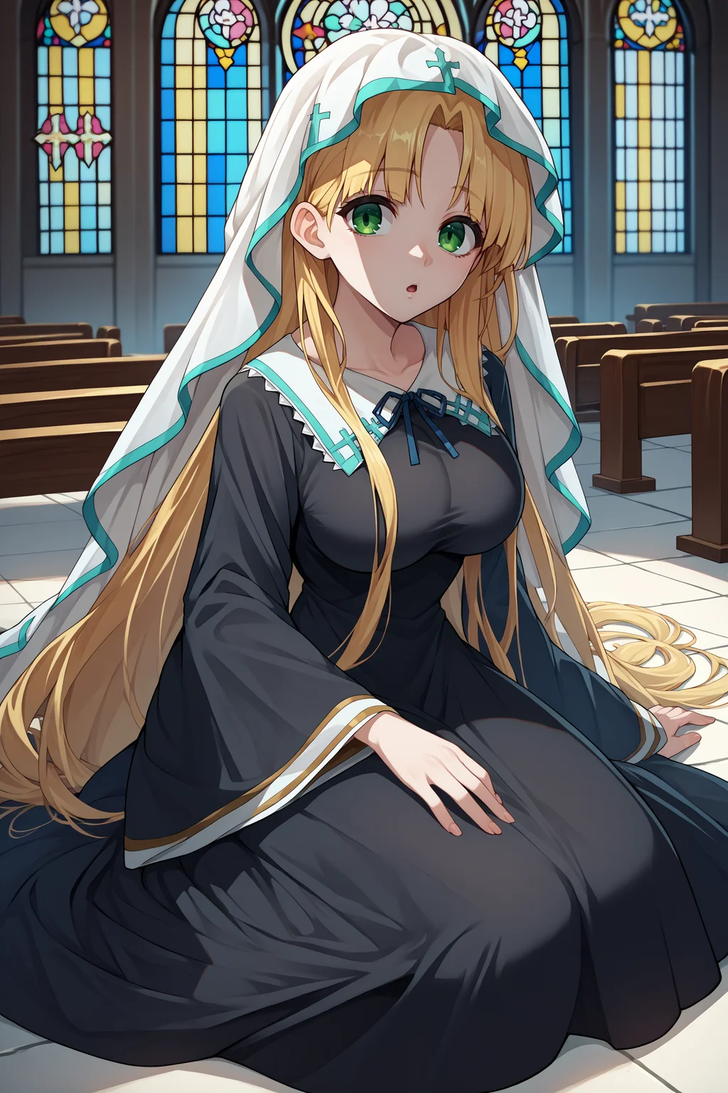 score_9, score_8_up, score_7_up, score_6_up, source_anime, 1girl, solo, <lora:asiaargento-pdxl-nvwls-v1-000005:1> dxdaa, blonde hair, very long hair, green eyes, white veil, black dress, long sleeves, big breasts, looking at you, sitting, church, stained glass, looking at you, chestnut mouth