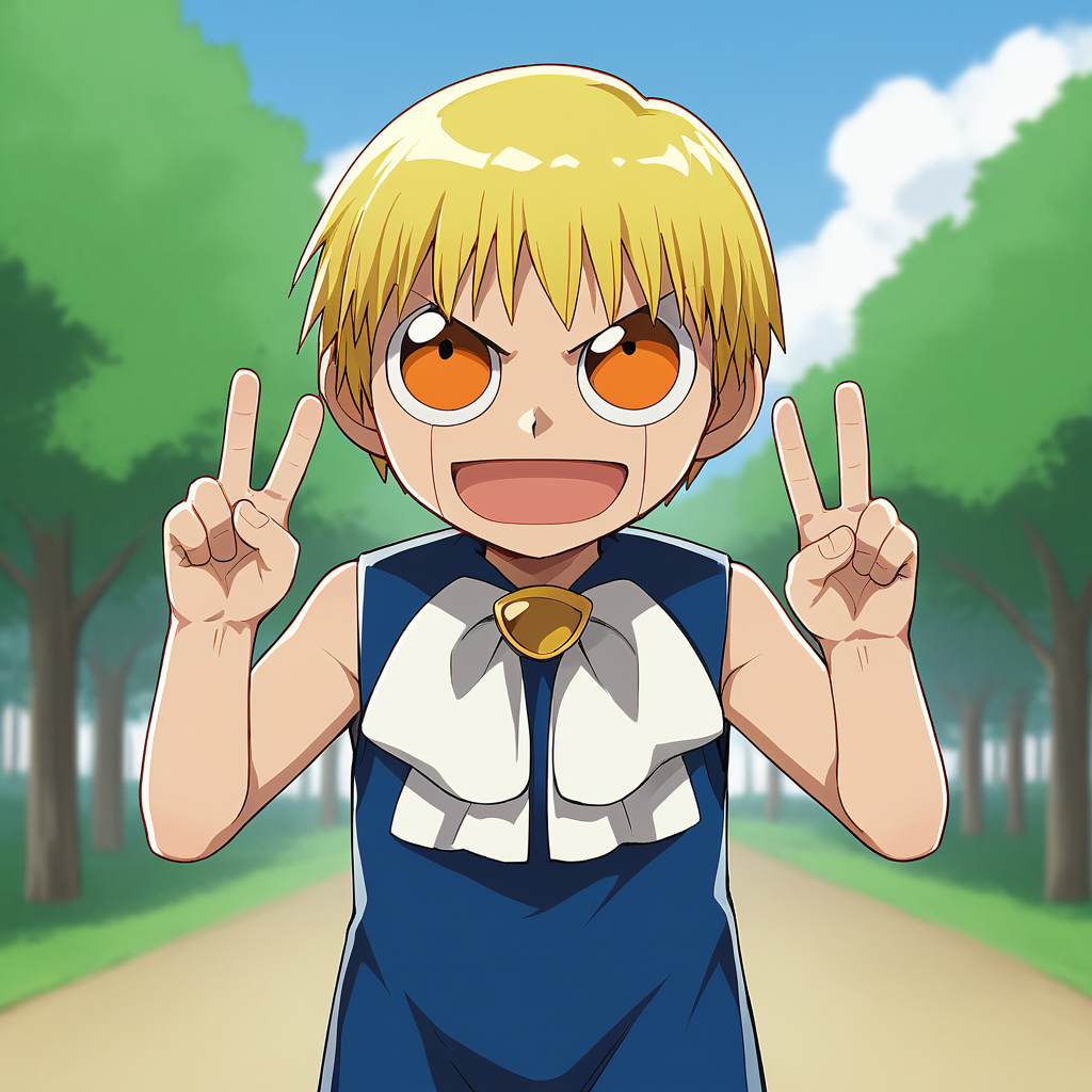 score_8_up, BREAK, ZatchBell, 1boy, solo, blonde hair, short hair, orange eyes, blue cloak, sleeveless, white bow, cowboy shot, double v,  <lora:ZatchBell_PXL_Leaf1:1>, outdoors,