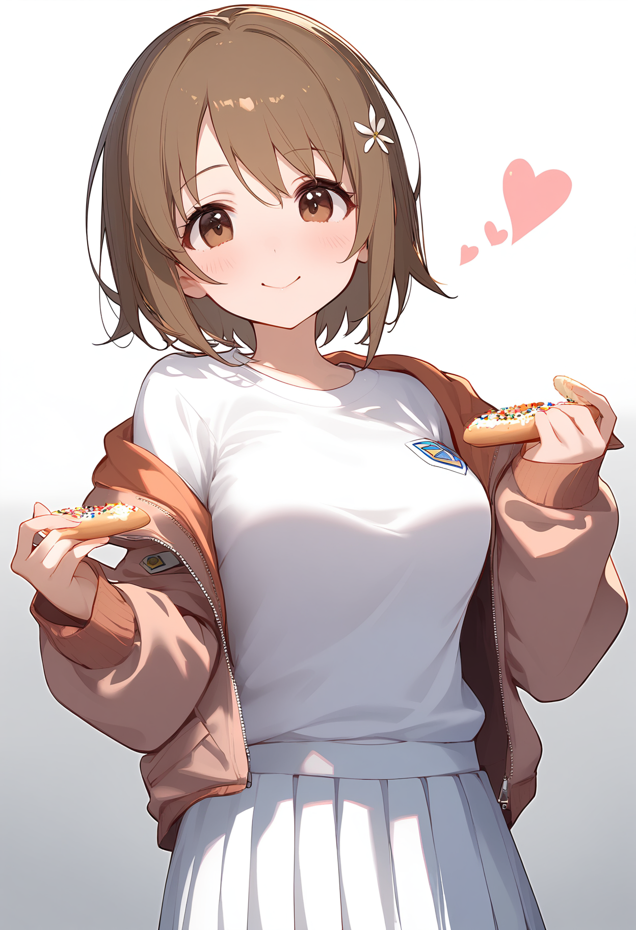 1girl,
mimura kanako,


solo, blush, skirt, hands up, food, smile, sleeves past wrists, shirt, hair ornament, brown eyes, closed mouth, long sleeves, medium breasts, off shoulder, open jacket, open clothes, grey background, hair between eyes, brown hair, holding, white flower, heart, pleated skirt, doughnut, looking at viewer, jacket, hairclip, white shirt, flower, white skirt, white background, white jacket, gradient background, breasts, holding food,

sfw
<lora:a31_char_new_mimura_kanako-000022:1> <lora:a31_style_koni-000010:0.8>