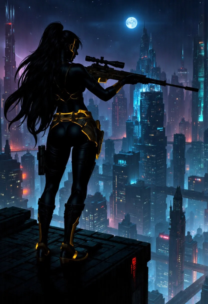 aidmaDarkfantasy, mythp0rt, Silhouette Art, breathtaking detailed, masterpiece, awe-inspiring, radiant, magnificent. silhouette of stunning oriental woman, long hair, wearing black bodysuit with yellow accents, helmet, holding sniper rifle, aiming rifle, standing on sci-fi tower at night against a backdrop of a neon-lit city,, chiascuro, perfect hands