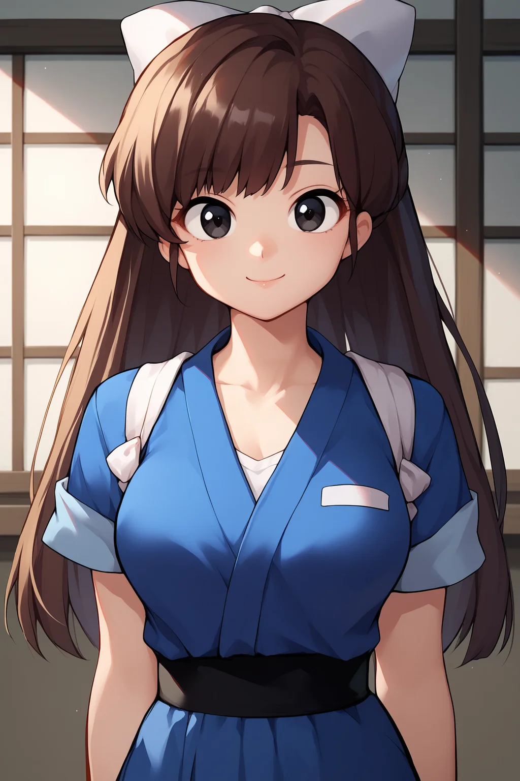 score_9, score_8_up, score_7_up, score_6_up, score_5_up, score_4_up, UkyoKuonjiRXL, 18years, big eyes, black eyes, brown hair, long hair, bangs, hair bow, medium breasts, short sleeves, blue kimono, white tasuki, black pantyhose, solo, front view, (portrait, upper body:1.1), seductive smile, looking at viewer, indoors <lora:UkyoKuonjiRXL:1>