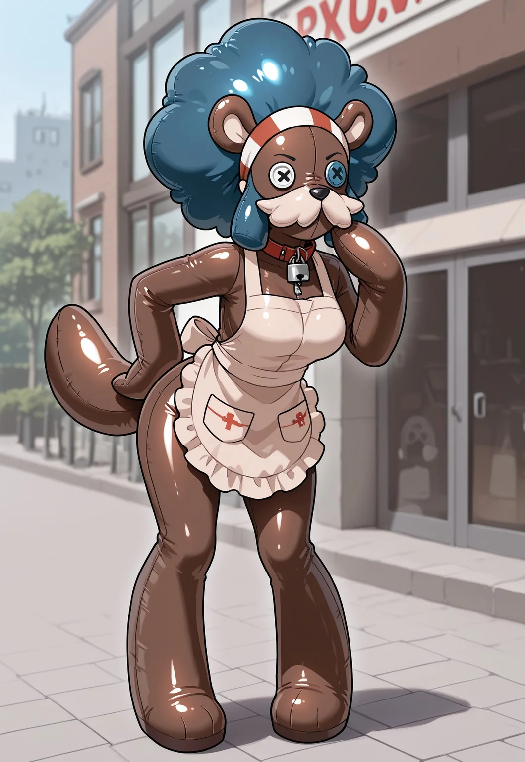 masterpiece, high quality, score_9, score_8_up, score_7_up, solo,1girl, shiny, lenora_bw, dark-skinned female, blue hair, afro, headband, apron, brown latex skin, living inflatable, bylivinginflatable, animate inanimate, living plushie, collar, zipper, public background, outdoors, [brown bag over head::0.1],Stoutland, mask,(button eye):2.5), cosplay, covered face, padlock, animal collar, covered neck, full body,beige facial fur,( big moustache:1.2), brown fur