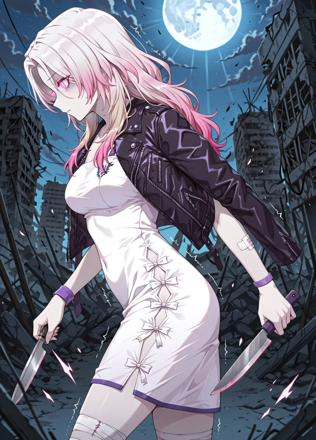 unholy-aesthetic, masterpiece, best quality, amazing quality, absurdres,
uw_h3len, 1girl, solo, two-toned hair, gradient hair, white hair, pink hair, pink eyes, glowing eyes, pale skin, medium breasts,
black jacket, leather jacket, draped over jacket, white dress, purple wristband, bandage, bandaged leg,
Fearful, holding knife, standing, shaking, cowboy shot, post-apocalypse, ruins, night time, moon rays, depth of field, from side, profile,
