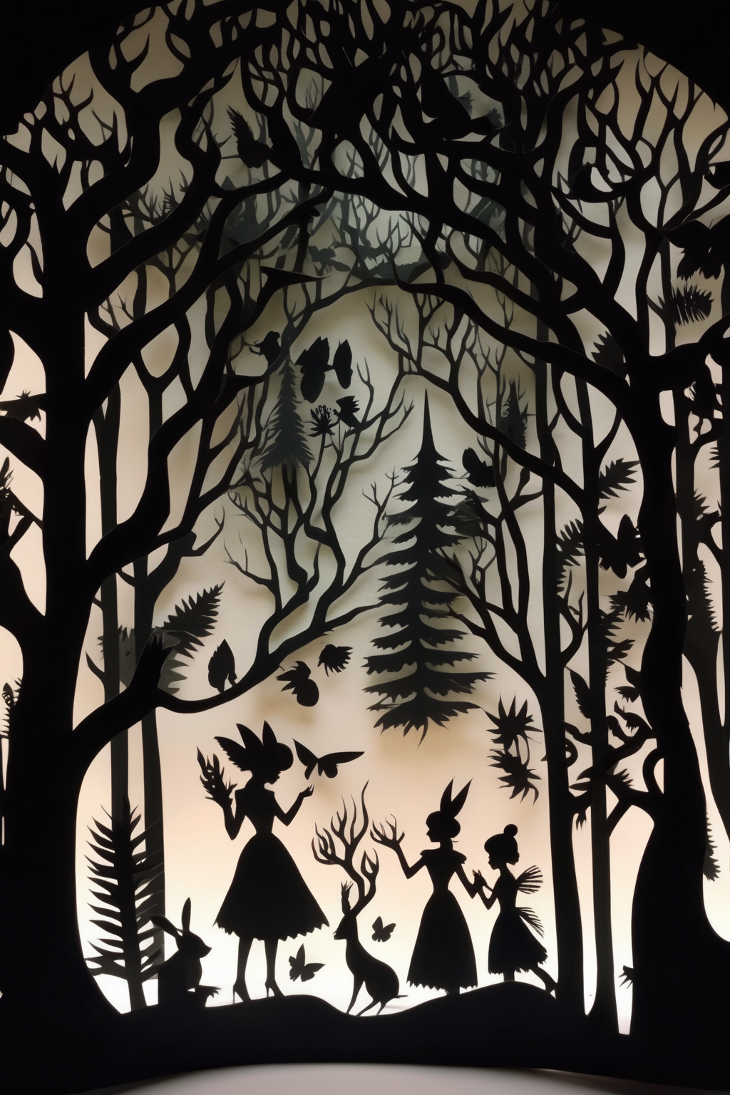 <lora:Lotte Reinige Style:1>Lotte Reinige Style - a magical forest in style of lotte reiniger paper cut silhuette