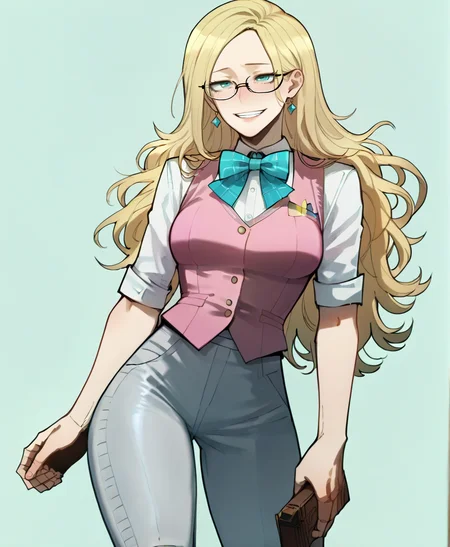 score_9_up, score_8_up, score_7_up, rating_explicit, cowboy shot, wide shot, <lora:Expressive_H:1>, Expressiveh, <lora:SlimesMelissaShield:1>, slimes_melissashield, long hair, blonde hair, aqua eyes, glasses, medium breasts, smiling, white shirt, pink vest, bowtie, light grey capri pants, pink plaid socks, brown heeled boots
, simple background, <lora:ratatatat74-THEANTLERS:1>, ratatatat74