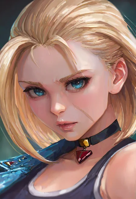 1girl, solo, cammy white, black crop top, blue jacket, medium hair, bob cut, green background, depth of field, presenting, portrait, looking at viewer, bare shoulders, midriff, close-up, dark background, pendant choker
masterpiece, best quality, <lora:miche-guy90-Illust-Lycorisv1:1>, miccceh