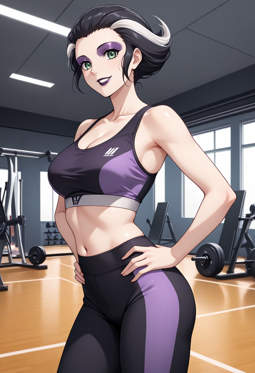 masterpiece, best quality, 1girl, solo, looking at viewer, cowboy shot, smile, gym, hands on hips
purple sports bra, black yoga pants
 <lora:zs_BelladonnaILLU:1> b3ll4donnap1, black hair, white hair, multicolored hair, green eyes, makeup, eye shadow, lipstick,