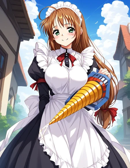 score_9, score_8_up, score_7_up, source_anime, rating_explicit, BREAK <lora:Spiral_Nami_Ver2.0_XL:1> Spiral_Nami_drill, no_drill, brown hair, green eyes, maid headdress, ahoge, low-tied long hair, maid, large breasts,
smile, apron, sky, cloud, day, outdoors, blush, looking at viewer, holding, ribbon, long sleeves, red ribbon, bow
outdoor, sky,