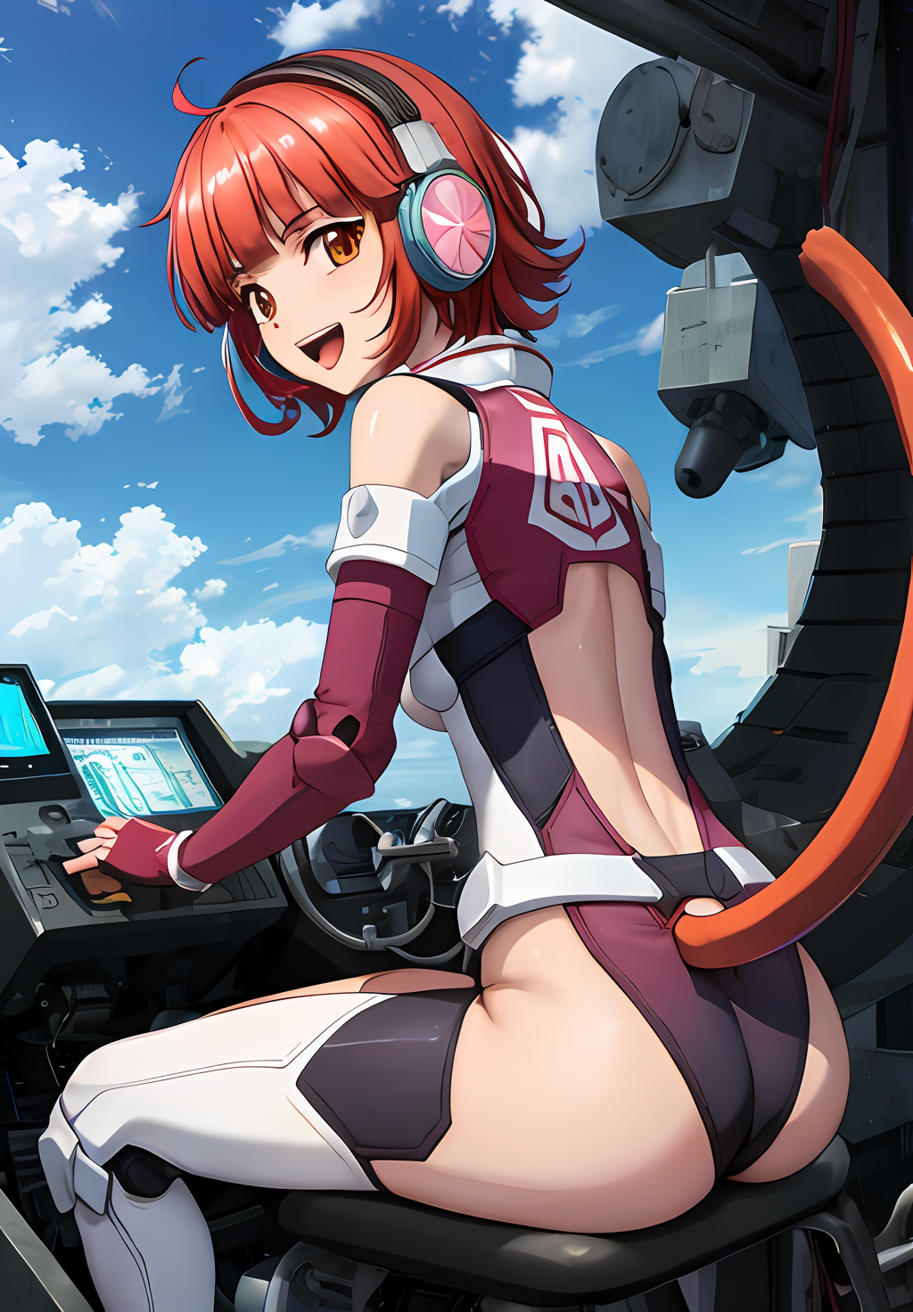 <lora:CrossAngeRondo:0.6>, CrossAngeRondo, Vivian, solo, looking at viewer, smile, open mouth, gloves, bare shoulders, brown eyes, sitting, tail, ass, red hair, outdoors, detached sleeves, sky, elbow gloves, looking back, cloud, fingerless gloves, from behind, armor, leotard, orange eyes, bodysuit, headphones, cloudy sky, robot, mecha, headset, pilot suit, cable, pink gloves, cockpit