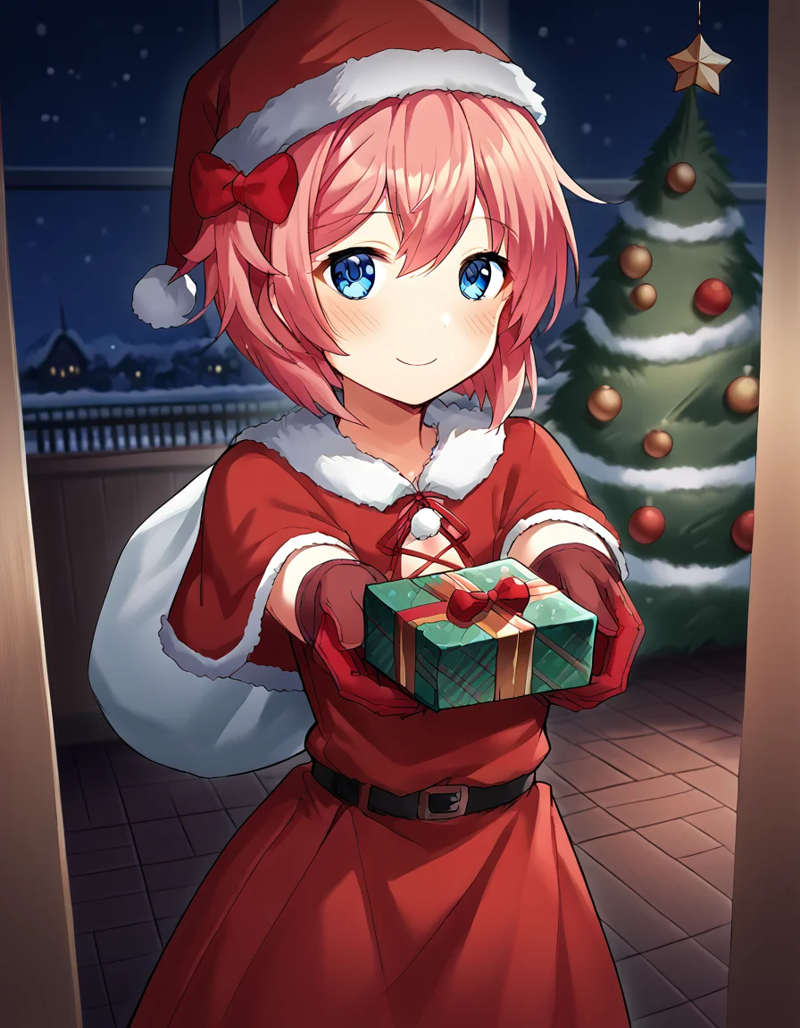 score_9, score_8_up, score_7_up, source_anime, <lora:ddlc-sayori-ingame-ponyxl-lora-nochekaiser:1>, sayori, blue eyes, hair between eyes, hair bow, hair ornament, pink hair, red bow, short hair,, <lora:santa-costume-ponyxl-lora-nochekaiser:1>, santa costume, santa hat, christmas, sack, merry christmas, gift, fur-trimmed headwear, holding sack, santa dress, fur-trimmed dress, christmas tree, christmas tree, fur trim, red capelet, gift box, red gloves, fur-trimmed capelet, santa gloves, red hat, hat,, smile, blush, looking at viewer, <lora:incoming-gift-ponyxl-lora-nochekaiser:1>, incoming gift, outstretched arms, holding, holding gift, gift, gift box,, , dutch angle, cowboy shot