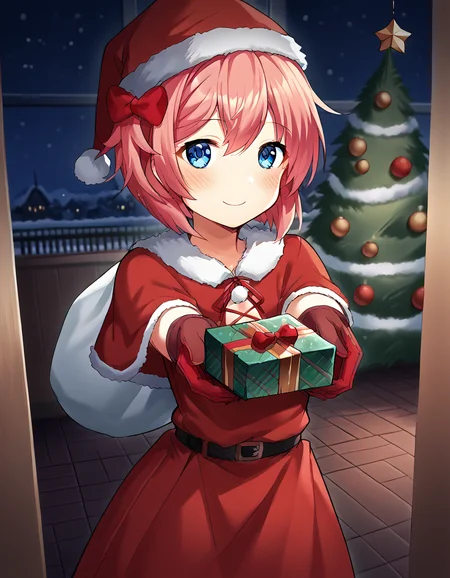 score_9, score_8_up, score_7_up, source_anime, <lora:ddlc-sayori-ingame-ponyxl-lora-nochekaiser:1>, sayori, blue eyes, hair between eyes, hair bow, hair ornament, pink hair, red bow, short hair,, <lora:santa-costume-ponyxl-lora-nochekaiser:1>, santa costume, santa hat, christmas, sack, merry christmas, gift, fur-trimmed headwear, holding sack, santa dress, fur-trimmed dress, christmas tree, christmas tree, fur trim, red capelet, gift box, red gloves, fur-trimmed capelet, santa gloves, red hat, hat,, smile, blush, looking at viewer, <lora:incoming-gift-ponyxl-lora-nochekaiser:1>, incoming gift, outstretched arms, holding, holding gift, gift, gift box,, , dutch angle, cowboy shot
