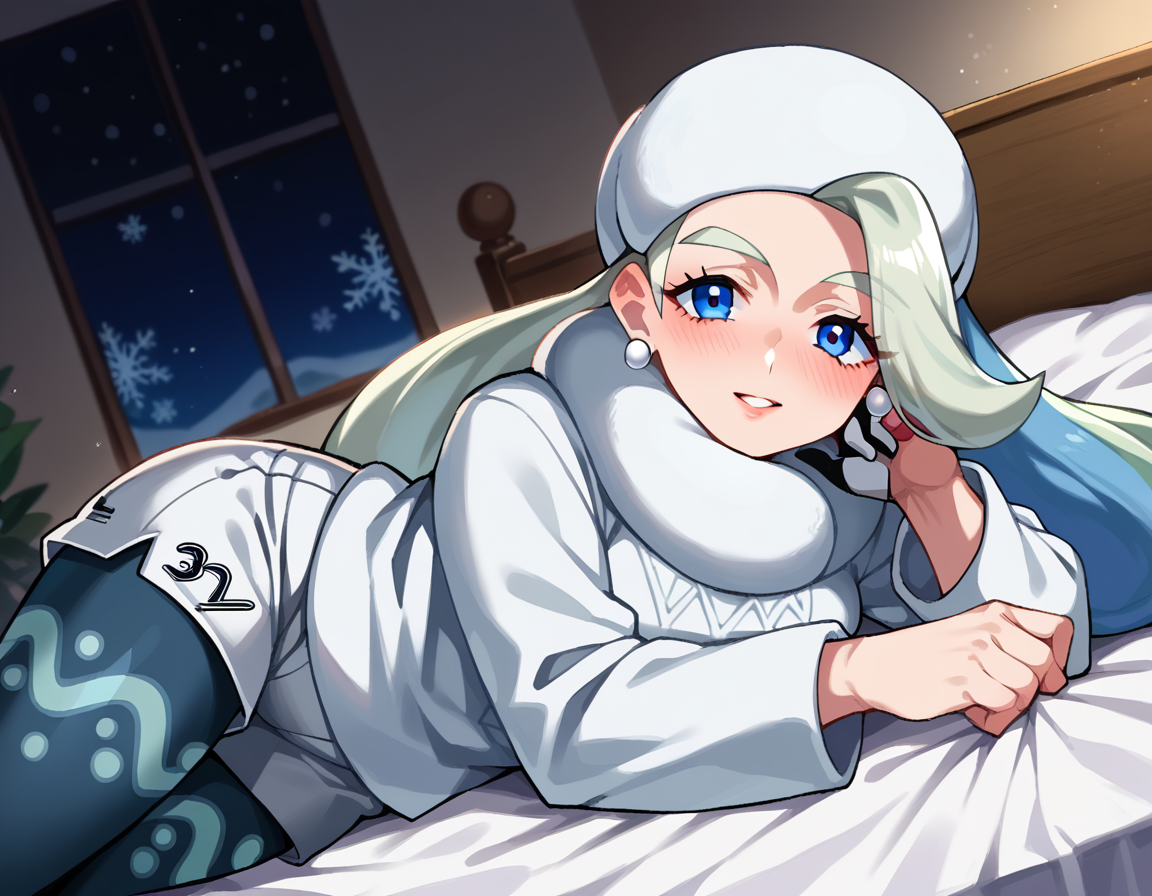 score_9, score_8_up, score_7_up, source_anime,
pokemonmelony, <lora:pokemon-melony-ponyxl-lora-nochekaiser:1>
pokemonmelony, blue eyes, eyelashes, long hair, multicolored hair, streaked hair, grey hair,
earrings, gloves, hat, jewelry, long sleeves, pantyhose, pantyhose under shorts, scarf, shorts, single glove, snowflakes, sweater, white headwear, white scarf, white sweater,
indoors, bed, bed room, on side, blush, drunk,
looking at viewer, cowboy shot, dutch angle,