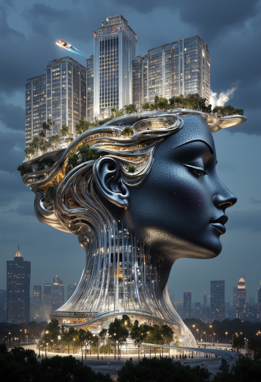 A retro-futuristic cityscape forms the massive profile of a serene, glass woman’s head, seamlessly blending human features with intricate architectural elements. Her face serves as the city’s foundation, with towering skyscrapers on her forehead and temples, glowing with neon windows. Her hair flows as metallic structures and bridges, interwoven with train tracks, suspended walkways, and glowing signs. Smaller buildings cascade along her jawline, creating a harmonious urban sprawl.
The city is alive with detail: tiny figures move across her cheekbone plazas, bustling markets thrive on her lips, and balconies line her nose and chin. Flying vehicles zip through the air, leaving colorful light trails as they navigate the futuristic skyline. Art deco-inspired facades and chrome accents dominate, giving the city a bold, vibrant aesthetic. Her closed eyes shimmer as reflective glass, and her ears double as observation decks.
Her collarbone extends into a grand platform supporting monuments and lush gardens, while steam rises gently from vents near her temples, giving her a lifelike presence. The moody, dusky sky glows with light from the city and hovering vehicles, blending natural beauty with advanced technology. The entire scene evokes a sense of awe, a vision of humanity’s integration with architecture.