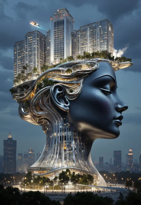 A retro-futuristic cityscape forms the massive profile of a serene, glass woman’s head, seamlessly blending human features with intricate architectural elements. Her face serves as the city’s foundation, with towering skyscrapers on her forehead and temples, glowing with neon windows. Her hair flows as metallic structures and bridges, interwoven with train tracks, suspended walkways, and glowing signs. Smaller buildings cascade along her jawline, creating a harmonious urban sprawl.
The city is alive with detail: tiny figures move across her cheekbone plazas, bustling markets thrive on her lips, and balconies line her nose and chin. Flying vehicles zip through the air, leaving colorful light trails as they navigate the futuristic skyline. Art deco-inspired facades and chrome accents dominate, giving the city a bold, vibrant aesthetic. Her closed eyes shimmer as reflective glass, and her ears double as observation decks.
Her collarbone extends into a grand platform supporting monuments and lush gardens, while steam rises gently from vents near her temples, giving her a lifelike presence. The moody, dusky sky glows with light from the city and hovering vehicles, blending natural beauty with advanced technology. The entire scene evokes a sense of awe, a vision of humanity’s integration with architecture.
