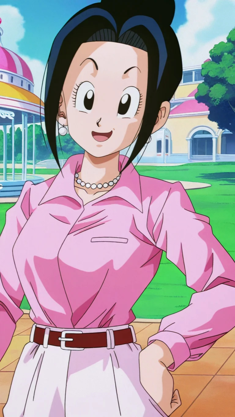 source_anime, masterpiece, best quality, amazing quality, anime screencap, high quality, 8k, absurdres, official style, 1girl, solo, looking at viewer, standing, hand on hip, open mouth smile, <lora:ChiChi_OG_Z_iL:1>, ch1ch1, black eyes, black hair, party outfit, alternate sidelocks, hair bun, single hair bun, shirt, pink shirt, collared shirt, shirt tucked in, long sleeves, jewelry, earrings, belt, pants, necklace, pearl necklace,