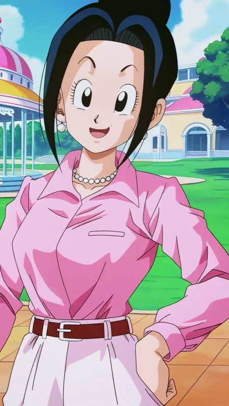 source_anime, masterpiece, best quality, amazing quality, anime screencap, high quality, 8k, absurdres, official style, 1girl, solo, looking at viewer, standing, hand on hip, open mouth smile, <lora:ChiChi_OG_Z_iL:1>, ch1ch1, black eyes, black hair, party outfit, alternate sidelocks, hair bun, single hair bun, shirt, pink shirt, collared shirt, shirt tucked in, long sleeves, jewelry, earrings, belt, pants, necklace, pearl necklace,