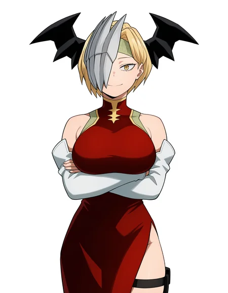 <lora:Ryuko Illu:1>
1girl, solo,
ryuko, short hair, blonde hair, hair over one eye, yellow eyes,
ryukohero, china dress, red dress, turtleneck dress, side slit, half mask, head wings, green headband, detached sleeves, bare shoulders, thigh strap,
straight-on, arms under breasts, closed smile, looking at viewer,
simple background, white background,, masterpiece, best quality, amazing quality