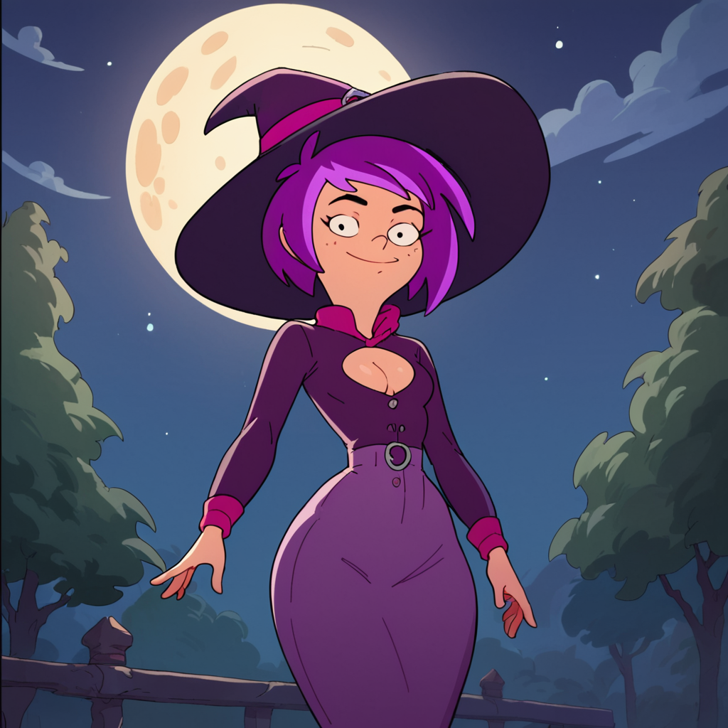score_9, score_8_up, score_7_up, 1girl, purple hair, short hair, freckles, looking at viewer, witch hat, night, full moon, cleavage cutout, high quality, masterpiece, small breasts, narrow waist, wide hips, <lora:Kimberly_Harris:1>
