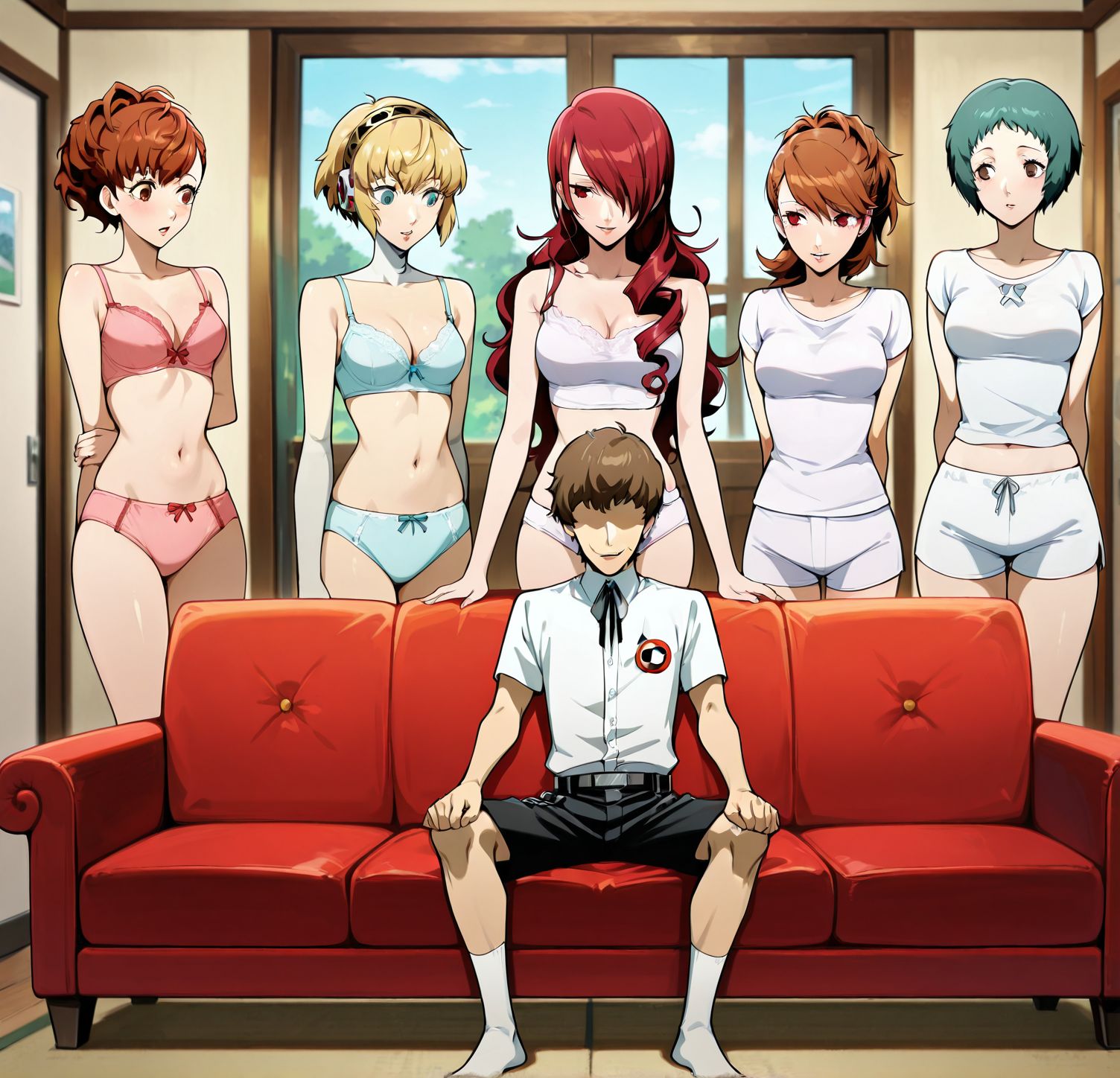 masterpiece, best quality, newest, absurdres, highres, detailed eyes, beautiful, detailed background, perfect eyes, anime coloring, anime screencap,
<lora:Piper_Perri_surrounded:0.8>Piper_Perri_surrounded,
Piper Perri surrounded ,   wide shot,
surrounded by 4 female,  (4girls),1boy,
shirt,shorts,full body,underwear only, standing female, 
a boy sitting cross-legged on the couch,
both legs folded and crossed in front of her body,
(6girls:-1),
BREAK
aegis \(persona\), blonde hair, 
yamagishi fuuka,  short hair, green hair, 
kirijou mitsuru , red hair,   
takeba yukari, brown hair, short hair, 
 shiomi kotone, red hair, 
Persona3,
faceless male,