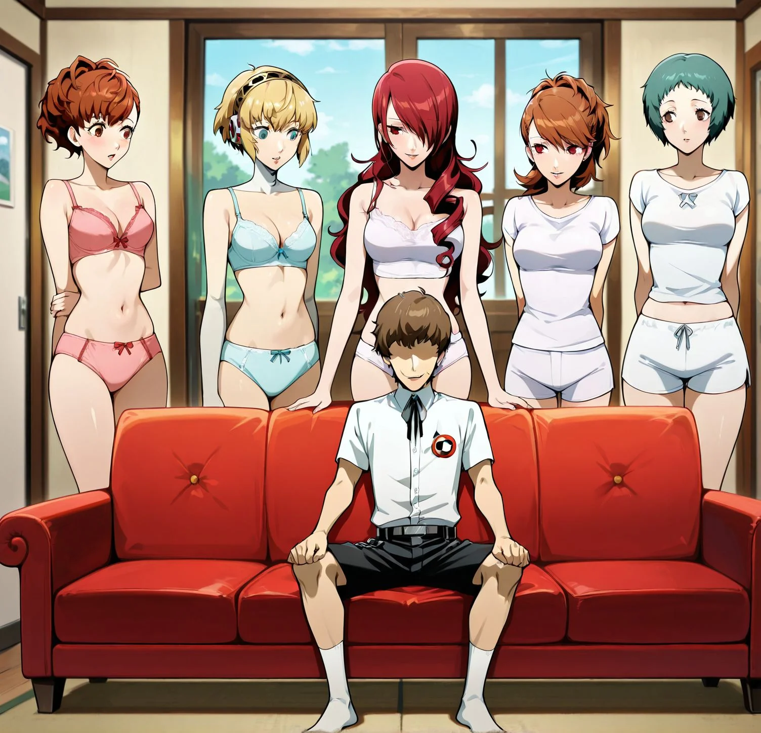 masterpiece, best quality, newest, absurdres, highres, detailed eyes, beautiful, detailed background, perfect eyes, anime coloring, anime screencap,
<lora:Piper_Perri_surrounded:0.8>Piper_Perri_surrounded,
Piper Perri surrounded , wide shot,
surrounded by 4 female, (4girls),1boy,
shirt,shorts,full body,underwear only, standing female,
a boy sitting cross-legged on the couch,
both legs folded and crossed in front of her body,
(6girls:-1),
BREAK
aegis \(persona\), blonde hair,
yamagishi fuuka, short hair, green hair,
kirijou mitsuru , red hair,
takeba yukari, brown hair, short hair,
shiomi kotone, red hair,
Persona3,
faceless male,