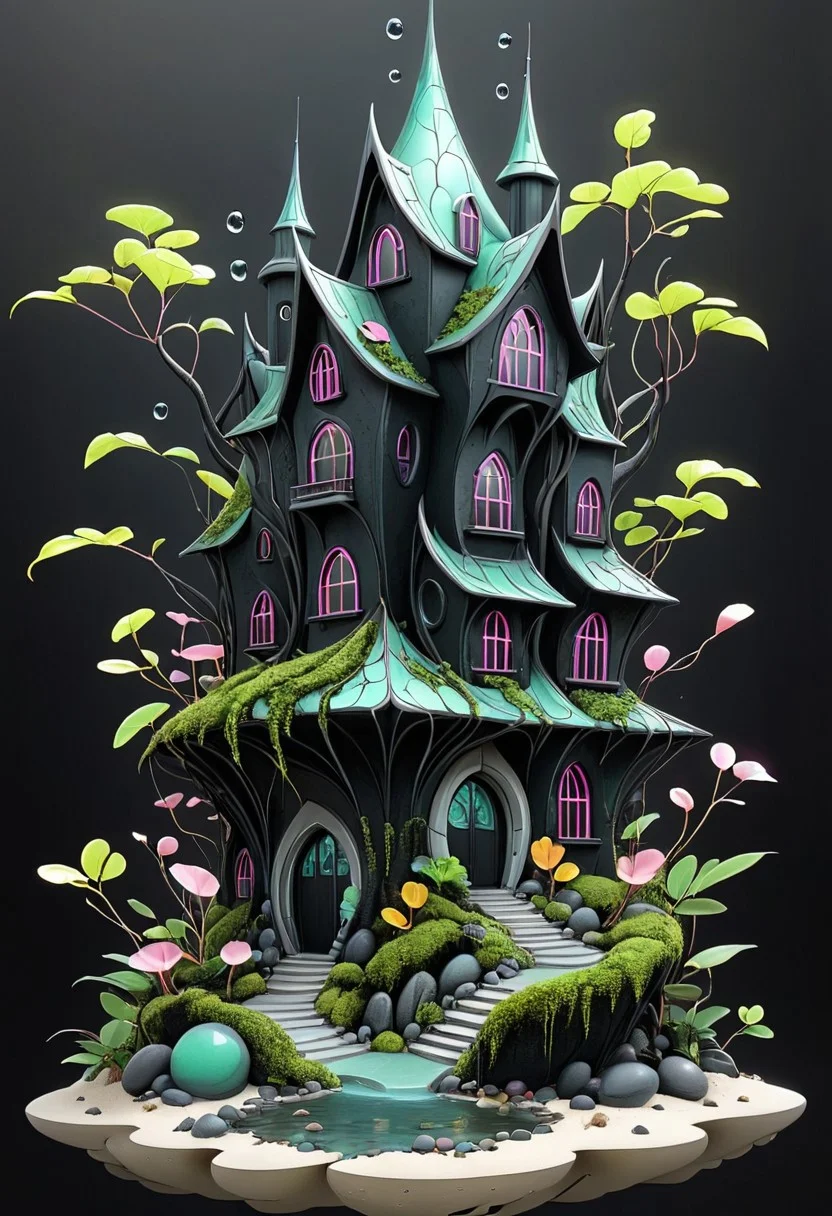 artmdfstff2, alien housing, concept city black linework, white background, neon's and pastels, fantasy setting, world building, dark fantasy, organic, made of stuff, construct, moss, Leaves, petals, pebbles, water, sand, feathers, twigs