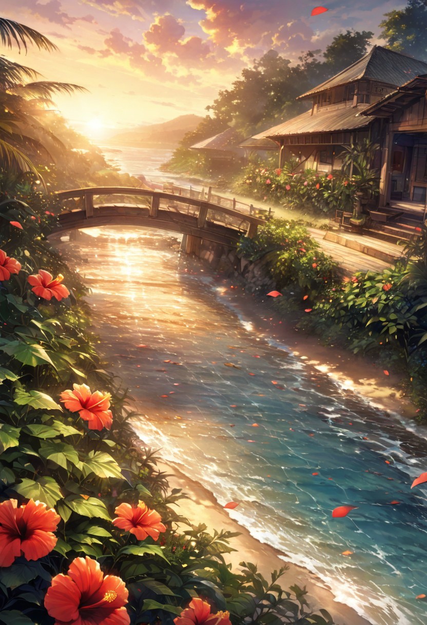 detailed background,( dreamy atmosphere, Calm landscape), amongst lush greenery, beautiful view, hibiscus in full bloom, hibiscus, early morning, sunrise sky, beautiful clouds, dappled sunlight, beautiful, Tropical Beach, Walkway, petals dancing in the wind, depth of field, masterpiece, best quality, ultra-detailed, very aesthetic, illustration, perfect composition, intricate details, absurdres, moody lighting, wisps of light, no humans,