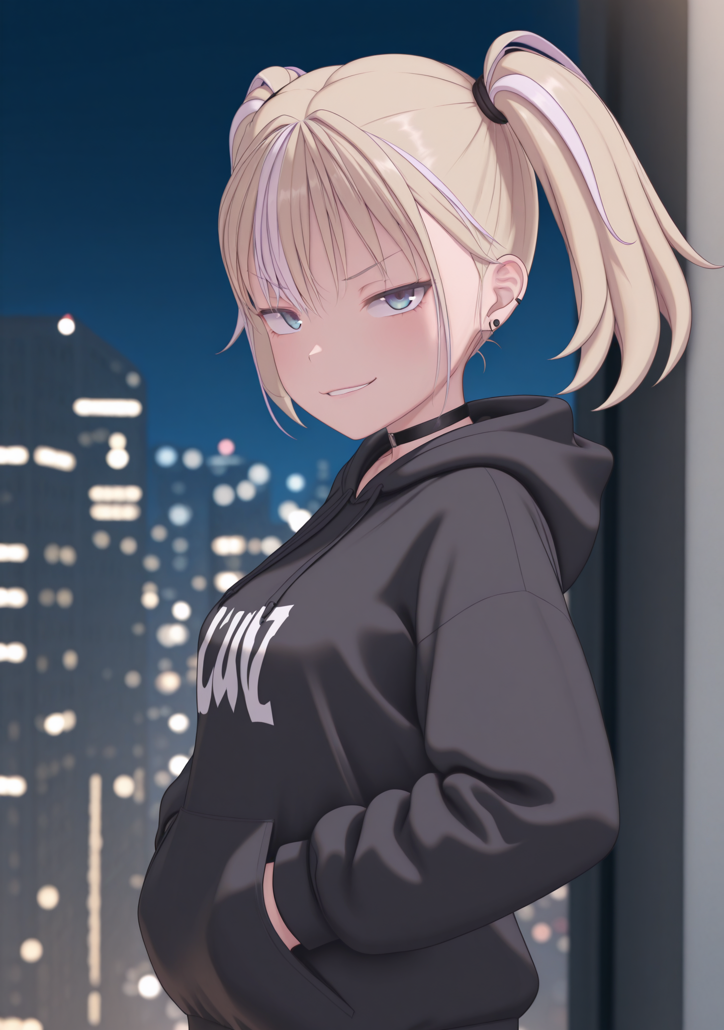 masterpiece,best quality,amazing quality,
1girl,solo,looking at viewer,<lora:cusudonsty:1>,cusudonsty,black hoodie,clothed,multicolored hair,hands in pockets,two-tone hair,from side,short hair,choker,earrings,blonde hair,twintails,night,blue eyes,city,candy,smirk,aged up,
