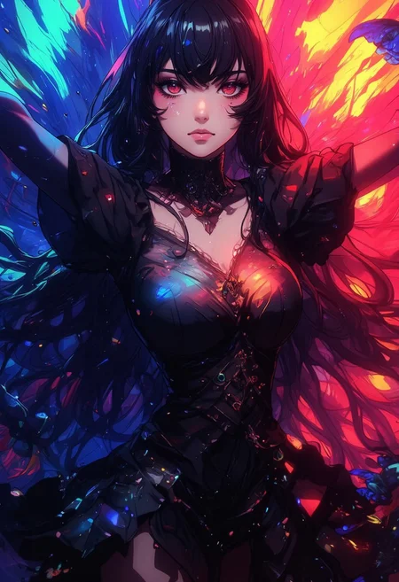 Cel shading portrait of a Victorian Era Noblewoman. A Pen and Ink style that is expressive, gives it a dynamic and emotional quality. Anime art of a stylized portrait of a Noblewoman with a ethereal colorful expression creating a dramatic and surreal effect.  The woman has a vibrant aesthetic, complimented by the atmosphere. Anime art of woman draped in shadows with a lighting that enhances her unique features.
The background is colorful, filled with vibrancy.
Arms spread wide, happy expression. Wavy bangs