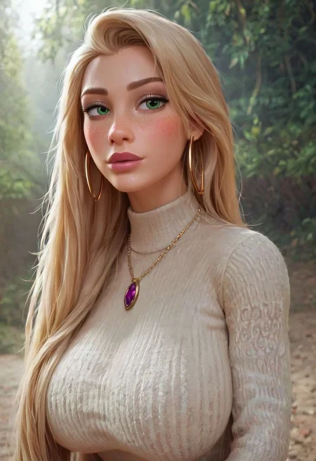 ((score_9, score_8_up, score_7_up, 1girl, natural lighting, photorealistic)), long golden blonde braided hair, (((cute face))), (very detailed facial features, seductive pose, candid, college co-ed, supermodel woman, blushing, (young) bimbo, full lips, seductive, bronze skin, tan, hyperrealistic, huge breasts, natural perfect tits, thick thighs, freckles, perfect face), bright green eyes, large sagging breasts, tight yellow unzipped racing jumpsuit, nose freckles, stylish yellow racing bodysuit with white stripes, nipple piercings, posing in front of desert gas station , leaning in, outside hot desert race track gas station, thin face with pronounced cheekbones, dreamy eyes, tan, epic background, off-shoulder jumpsuit outfit , excessive jewelry, huge natural breasts sagging, eye contact, playing with own hair, cheekbones, insanely detailed, sweaty skin, oily skin, wet skin, shiny skin, many necklaces, parted lips, wide hips, detailed skin, gaunt cheeks, hourglass figure, gemstone bracelets , eye liner, sweating, lustful gaze, eyeliner, tan skin, thick female racer, eye contact , Hoop earrings, depth of field, cinematic illumination, volumetric lighting, Painstaking Attention To Details, Beuty, narrow face, long painted nails, pores, breast veins, many necklaces, many bracelets, blue skies, Rapunzel